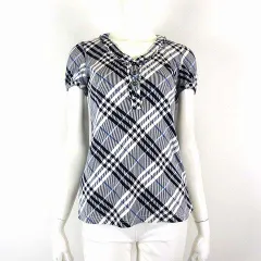 バーバリーブルーレーベル BURBERRY BLUE LABEL シャツ ブラウス プルオーバー ヘンリーネック フリル 半袖 ノバチェック柄 ストレッチ ロゴ 刺繍 M 38 紺 ネイビー 白 ホワイト 水色 国内正規品 美品