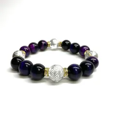 12mm 四神獣銀彫水晶×パープルタイガーアイ パワーストーン ブレスレット天然石 運気上昇 金運 健康運 お守り 青龍 白虎 玄武 朱雀 （ゴールド）メンズ・レディース　男性・女性　数珠ブレス　開運   [6]