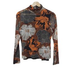 ヒロココシノ 長袖カットソー サイズ40 M レディース美品  - ダークブラウン×オレンジ×ベージュ ハイネック/メッシュ/花柄