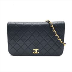 良品 CHANEL シャネル ココマーク ラムスキン マトラッセ プッシュロック チェーン ショルダー バッグ 鞄 ネイビー ゴールド a8015