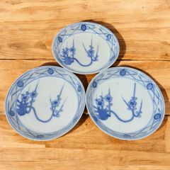 現品限り! 3客セット 染付 梅花文 手描き 明治 取り皿 盛り皿 アンティーク 骨董 蔵出し 作家物