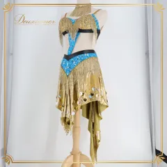 【日本製 社交ダンス衣装】ゴールド Chacott チャコット ラテン ドレス ワンピース 金 青 水色 フリンジ デモ 競技用 小物 おしゃれ