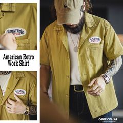 開襟シャツ ワークシャツ アメリカン レトロ ボーリングシャツ キューバシャツ 半袖 マスタード イエロー メンズ 人気 カジュアル オープンカラーシャツ リゾート ストリート  ミドル 夏 ライブ フェス