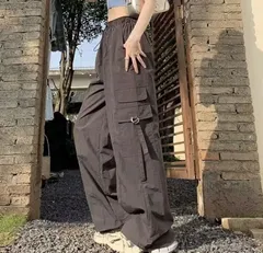 ★カーゴパンツ ロングパンツ ボトムス レディース ゆったり 無地 ハイウエス ウエストゴム  ワイド ズボン 女性