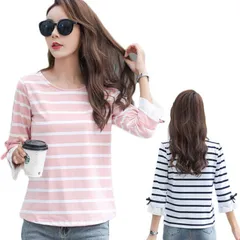 ボーダーブラウス レディース 春 秋 半袖 Ｔシャツ 丸襟 切り替え オシャレブラウス ゆったり コットン フリルブラウス リボン 送料無料 シンプル カジュアルブラウス オシャレ インナーウエア お GSBl940