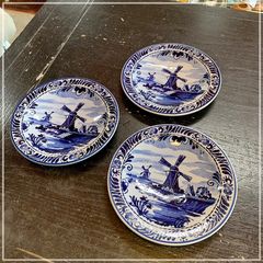 ディライトブルー ヴィンテージ プレート 皿 約15cm 3枚セット 玉川陶器 ハンドペイント ツジモト オランダ 風車小屋 風景 青 陶器 丸皿 取り皿 絵皿 レトロ【RU0908-1】