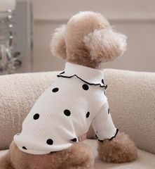 【閉店セール全品半額】ドットメロウトップス　長袖　リブ素材　水玉　ホワイト　白　犬服