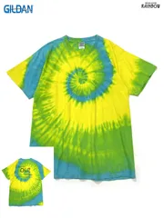 古着 GILDAN ギルダン タイダイ柄 総柄 バックプリント コットン 半袖 Ｔシャツ 黄 緑 (ttu2407046)