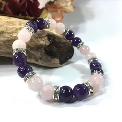 ローズクォーツ&アメジスト  パワーストーン ブレスレット 天然石 8mm（シルバー）レディース 女性  数珠ブレス 開運 プレゼント ギフト  [5]