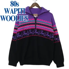 80s～90s 【日本未発売】WAPITI WOOLIES ハーフジップ ノルディック 総柄 ウール セーター L 紫×黒 / Made in USA ヴィンテージ ワピティ ウーリーズ