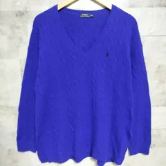 POLO RALPH LAUREN　ウール カシミヤ Vネック ケーブルニット　Мサイズ　ブルー 青色　Merino Wool　ロゴ刺繍　サイドスリット