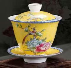 珐琅彩の花と鳥☆蓋碗☆茶器