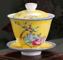 珐琅彩の花と鳥☆蓋碗☆茶器
