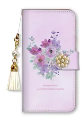 iPhone14Pro ケース 手帳型 アイフォン14 プロ スマホケース パール ビジュー ストラップ付 花柄 水彩 花束 ブーケ フラワー 大人女子 上品 おしゃれ 水彩 ピンク 水色 カラー09