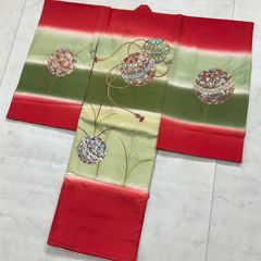 梅乃【082】正絹 7歳 四つ身 着物 朱色 鈴 手描き友禅 本加工 上質