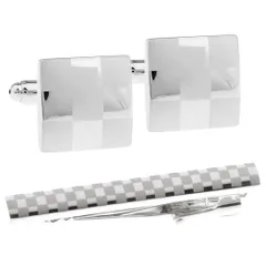 【在庫セール】カフスボタン ネクタイピン セット カフス&タイピン スクエア n02545 チェック シルバー