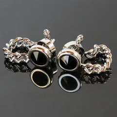 鎌倉カフス工房　チェーン付ジェットスワロフスキーカフスボタン（カフリンクス）