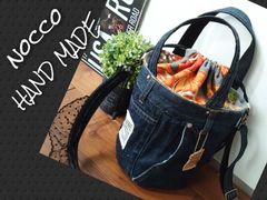 №655【DENIM✖️レトロボタニカル 巾着バケツ型Bag✨】デニムリメイクトートバッグ👖レトロモダン♡