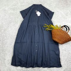 新品 ピンタックワンピース モスコットン 綿 ネイビー フリー