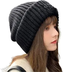 Crossmarbery(クロスマーベリー) ゆったりニット帽 レディース 大きいサイズ 柔らかい 厚手 暖かい CY101(ブラック,  50.0-58.0 cm)