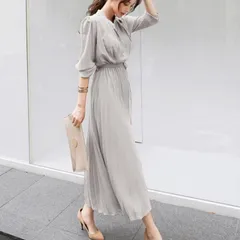 新品 M ワンピース ドレス レディース ロング 長袖 グレー 同窓会 プリーツ