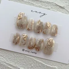 ネイルチップ＊水彩ニュアンス ブラウンベージュ ホワイト ゴールドミラー  淡色 冬 成人式 前撮り 振袖 袴 ブライダル 結婚式 夏