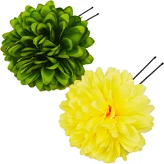 結婚式 卒業式 ドレス ファー 髪飾り 成人式 花 キュート 花に蕾 簪 髪留め 2点セット 着物 浴衣 袴 プレゼントに 振袖 Uピン (グリーン&イエロー) 手作り 【かんざストア】髪飾り