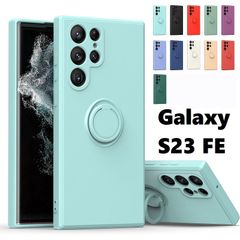 Galaxy S23 FE用　リング付 硬質シリコン ソフトバックカバー 落下防止 スタンド ストラップ付 (ブラック、ネイビー、グレー、オレンジ、イエロー、パープル、アイボリー、ピンク、レッド)9色選択