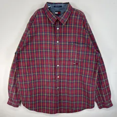 古着 90's/90年代 トミージーンズ  長袖シャツ チェック柄 ロゴ 刺繍 大きいサイズ XXL  レッド系 マルチカラー メンズ