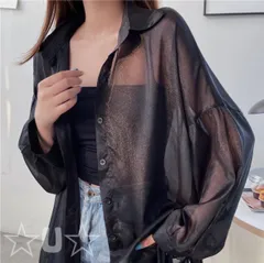 シースルー トップス シアー ブラック ブラウス シャツ 長袖 韓国 紫外線対策 冷房対策 冷房対策 体型カバー 羽織