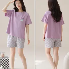 部屋着 レディース パジャマ ルームウェア セットアップ Tシャツ ショートパンツ 柄物 綿 パープル 学生 運動着 カジュアル服 夏 女子上下セット