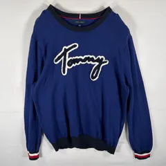 古着 トミーヒルフィガー TOMMY HILFIGER セーター コットンニット ビッグロゴワッペン クルーネック 大きいサイズ XXL  ブルー メンズ