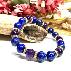 ラピスラズリ&アメジスト パワーストーン ブレスレット 天然石ブレス (ゴールド)　10mm　メンズ・レディース 恋愛運 お守り  ☆