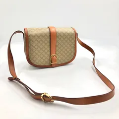 ■極美品■CELINE  セリーヌ　マカダム柄　ショルダーバッグ　ポシェット　PVC×レザー 斜めがけ　クロスボディ　ベージュ×ブラウン　ゴールド金具　イタリア製　刻印あり　DM95 レディース