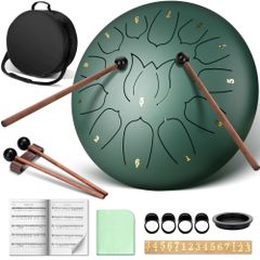 【人気商品】スチールタンドラム ストレス軽減 ノートスチール ハンドパンドラム 打楽器 グラファイトグリーン 音楽ブック ドラムスティック 指パッド 音符ステッカー 13音 ワイピングクロス キャリーバッグ付き 多用途 12インチ ハンドパン子供 楽器 音楽療