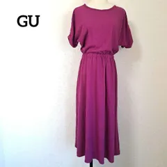 GU ジーユー ウエスト ゴム 無地 フレア ロング ワンピース 半袖 パープル Mサイズ