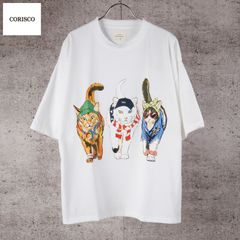 新品 CORISCO コリスコ 猫 プリント Tシャツ 半袖 メンズ レディース ユニセックス かわいい アニマル プリント カットソー 子猫 cat 3匹 バックプリント Tシャツ tee M L LL ホワイト 白  181927