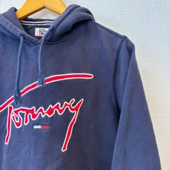 古着 M パーカー TOMMY HILFIGER DENIM トミーヒルフィガーデニム フード ビックロゴ ネイビー