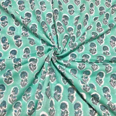 【50cm単位】グリーンブルースモールフラワー　インド　ハンドブロックプリント生地　テキスタイル コットン