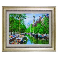 藤原英信 「アムステルダムの運河」油彩画　F6号 額付き　油絵　風景画　オランダ　ヨーロッパの風景　ボート　肉筆　真筆　手描き