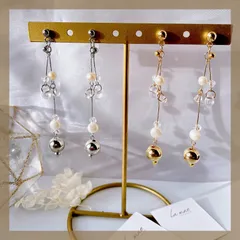 【304ステンレス 24KGP 本金メッキ ポスト】  クリア ガラス ビーズ 天然 淡水 パール シルバー ゴールド メタル ロング 揺れる ハンドメイドピアス アレルギー対応 【イヤリング変更可能】