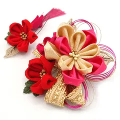 髪飾り ２点セット ピンク 金 つまみ細工 リボン 成人式 花 和風 浴衣 着物 振袖 袴 ドレス 七五三 子供 結婚式 卒業式 入学式 日本製 大きめ 髪留め ヘアコーム ヘアアクセサリー 送料無料 ローズ W 68 324-240 u947　Si