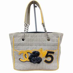 샤넬 CHANEL 초코 바 카멜리아 No.5 핸드백 숄더 캔버스 특허 가죽 아이보리 계 옐로우 블랙