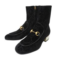 極美品 GUCCI グッチ ホースビット GGスプリーム ビジュー ベロア レザー ショート ブーツ 36.5 保存袋あり クリスタル 47263