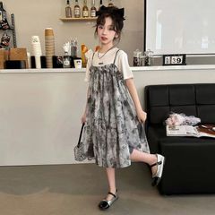 キッズ 子供服 ワンピース 重ね着風 総柄ワンピース キッズワンピース 夏ワンピース ティーシャツワンピース tワンピース 女の子 夏 ゆったり 可愛い ジュニア 半袖 総柄 薄手 KWFC079(120-160)