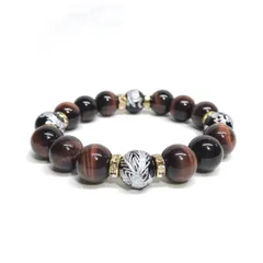 12mm 四神獣銀彫オニキス×レッドタイガーアイ パワーストーン ブレスレット天然石 開運 金運 ギャンブル運 お守り 青龍 白虎 玄武 朱雀 （ゴールド）メンズ・レディース　男性・女性　数珠ブレス　開運 [6]