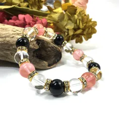 チェリークォーツ×水晶×オニキス パワーストーン ブレスレット (ゴールド) 10mm メンズ・レディース　浄化済み △