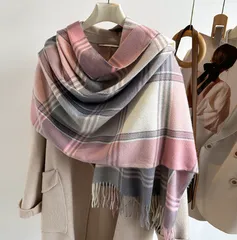 【ホワイト×グレー×ピンク】チェック ストール レディース 大判 秋冬 マフラー 肌触り やわらか あったか フリンジ付き 暖かい 防寒 かわいい おしゃれ 通勤 通学