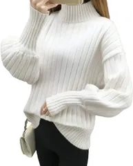 GIVEK ニット バルーン スリーブ 長袖 ハイネック 小顔 効果 レディース 秋 冬 セーター トップス Free Size( ホワイト,  Free Size)
