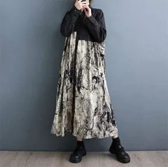 ワンピース シャツワンピース シャツ ロング丈 ロング トップス レディース 水墨 ドット 水玉 プリント 長袖 アシンメトリー 着痩せ 切り替え ゆったり ドッキング Aライン おしゃれ  大きいサイズ レトロ エレガント 体型カバー  可愛い